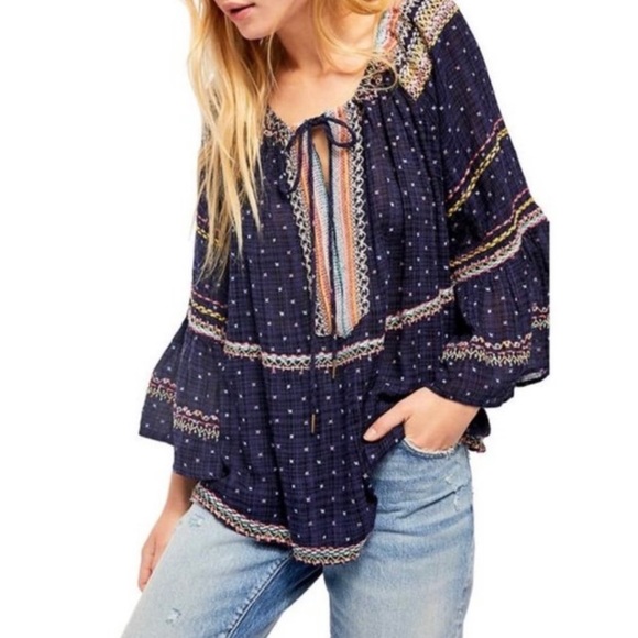 Free People Talia Embroidered Peasant Top L - Picture 2 of 9